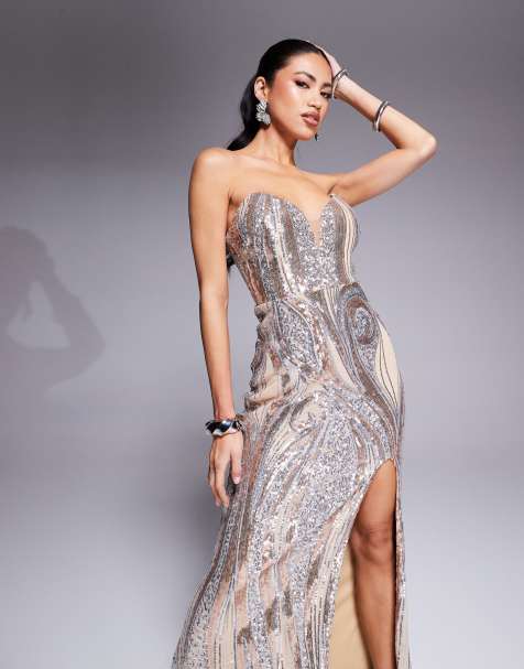 Goddiva Strapless multi sequin maxi dress in champagne