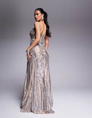 goddiva bandeau sequin embellished maxi dress in gold Scallop Bandeau Sequin Mesh Maxi Dress - Black Gold main image 1