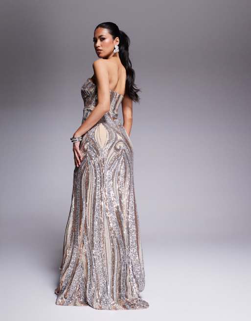 slim fit dress slacks Champagne Glitter And Sequin Tulle Maxi Dress With Criss Cross Back