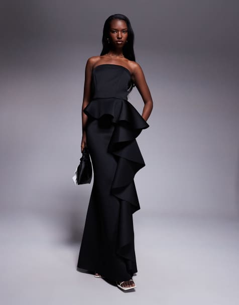 Goddiva strapless peplum waterfall frill maxi dress in black