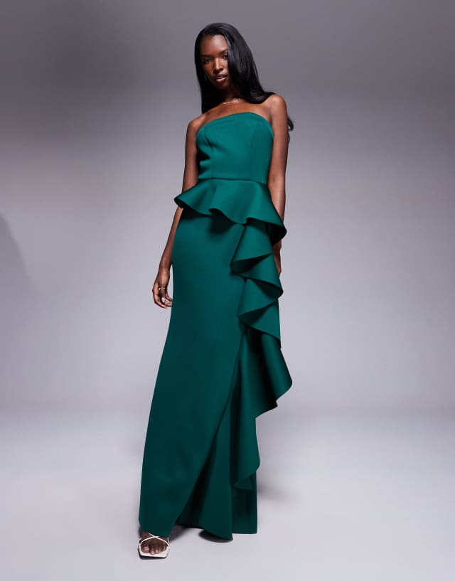 emerald green peplum dress Goddiva strapless waterfall frill maxi in Knit