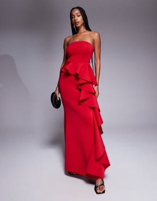 Goddiva Strapless Peplum Waterfall Frill Maxi Dress In Red