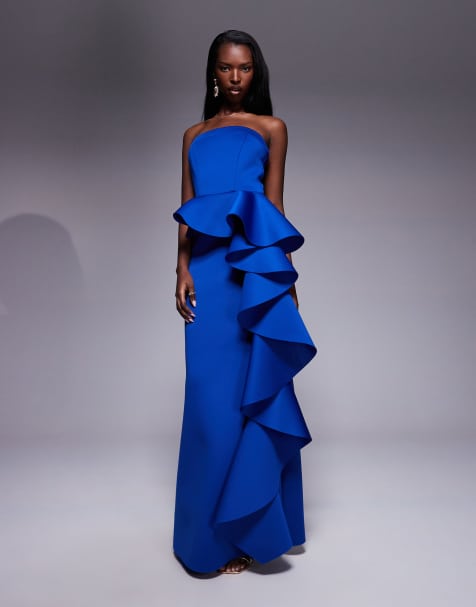 Goddiva strapless peplum waterfall frill maxi dress in royal blue