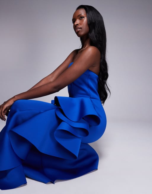 strapless ruffle asymmetrical maxi dress in royal blue ZAPAKASA Women Royal Blue Sequined Ruffles A-Line Prom Dress Sweetheart  Corset Evening Dress with Slit