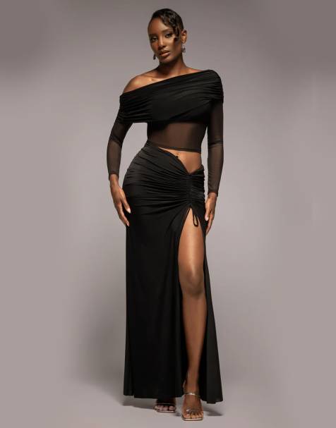 Goddiva Super split front drawstring maxi skirt in black - view 1