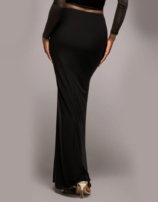 Goddiva Super split front drawstring maxi skirt in black, 3 of 3
