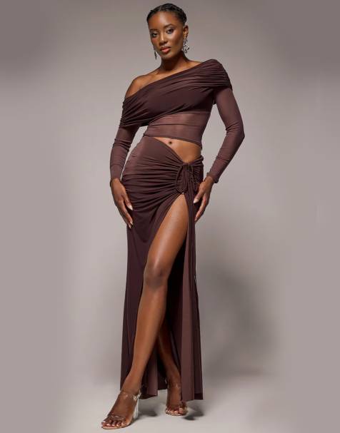 Goddiva Super split front drawstring maxi skirt in brown