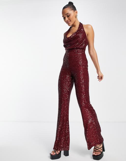 Goddiva - Tuta jumpsuit da ballo di fine anno color vino con paillettes e scollo ad anello