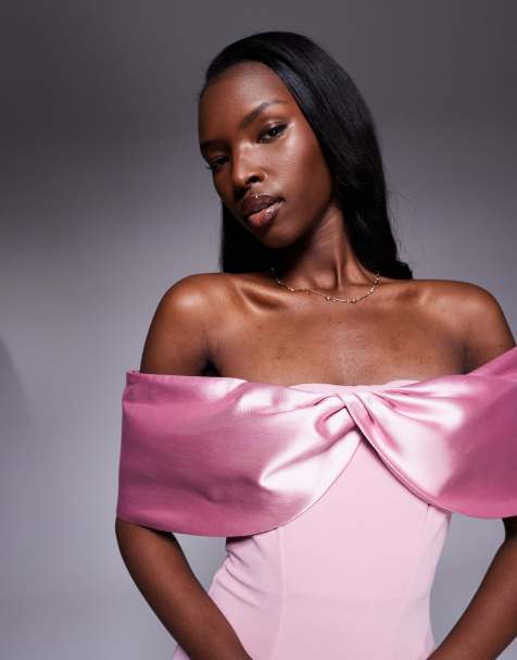 Goddiva Twist knot satin & scuba bardot high low midi dress in blush