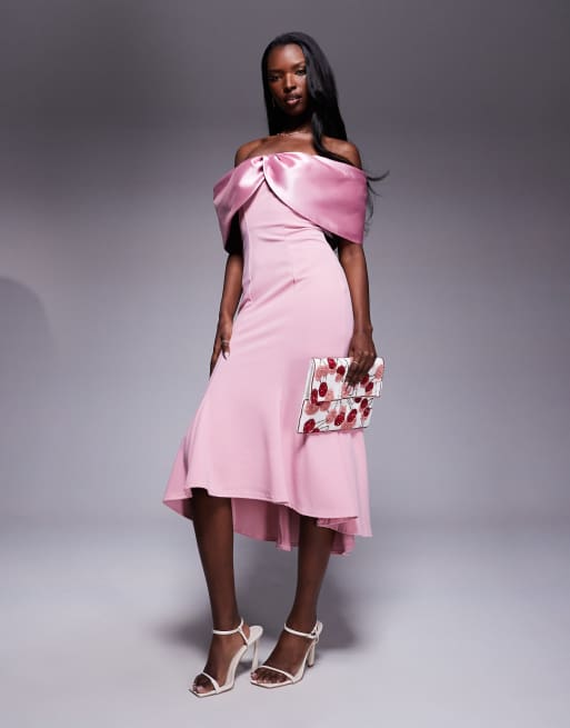 Goddiva Twist knot satin & scuba bardot high low midi dress in blush, 2 of 4