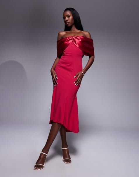 Goddiva Twist knot satin & scuba bardot high low midi dress in magenta - view 1