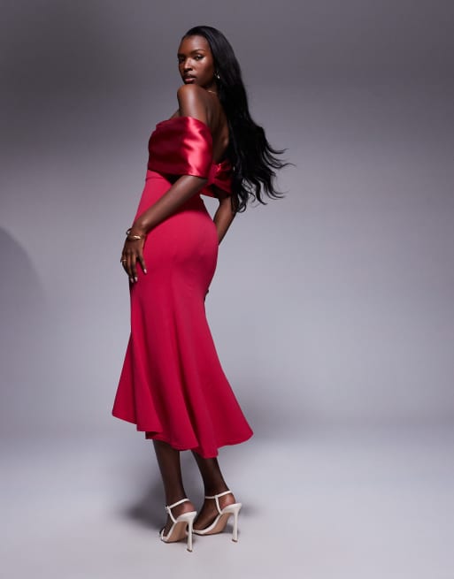 Goddiva Twist Knot Satin & Scuba Bardot Maxi Dress - Royal Blue