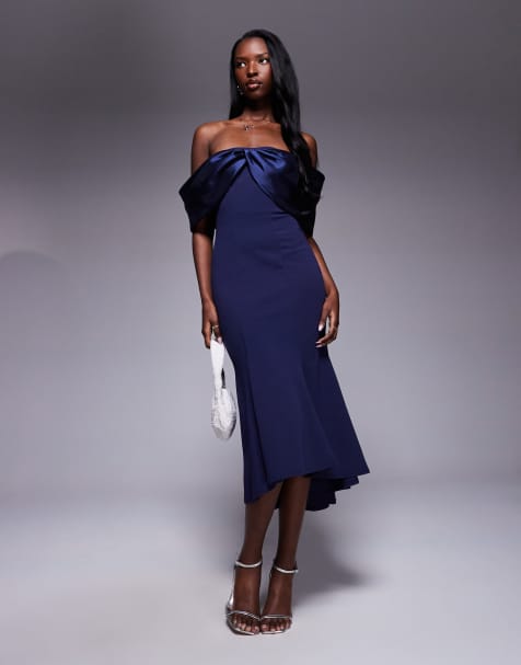 Goddiva Twist knot satin & scuba bardot high low midi dress in navy - view 1