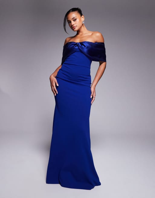 Goddiva Twist knot satin & scuba bardot maxi dress in royalblue