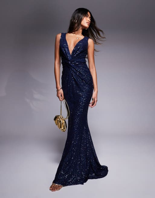 Goddiva Twisted front sequin maxi dress in navy