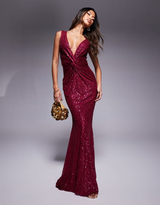 Goddiva Twisted front sequin maxi in burgundy