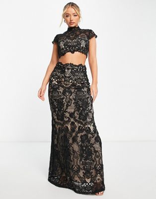 Goddiva two piece lace crop top and fishtail maxi skirt set in black