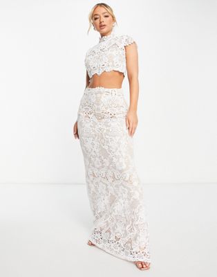 Goddiva two piece lace crop top and fishtail maxi skirt set in white