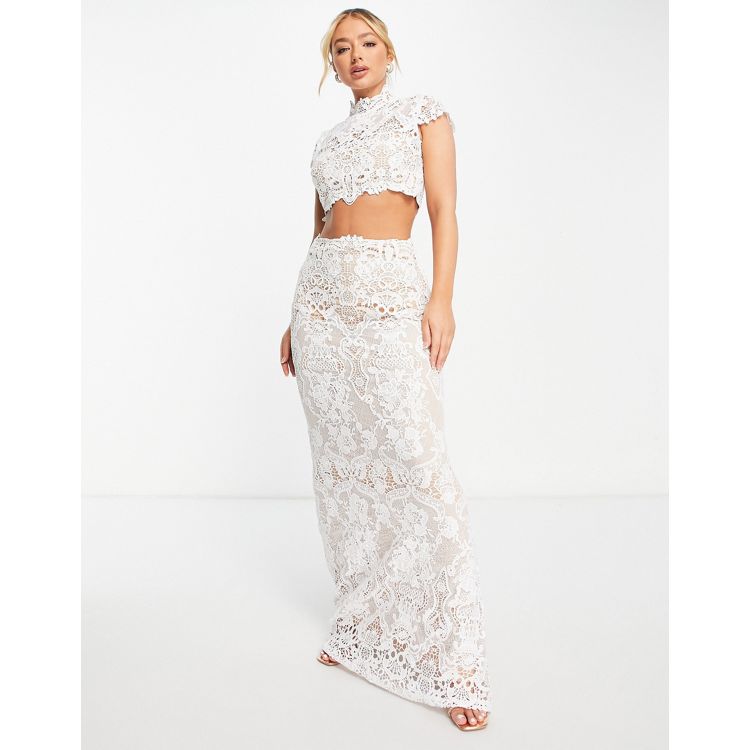 Two Piece Long Sleeve Dress - Lace Crop Top and Maxi Skirt Set