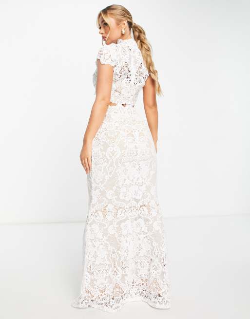 Two Piece Long Sleeve Dress - Lace Crop Top and Maxi Skirt Set