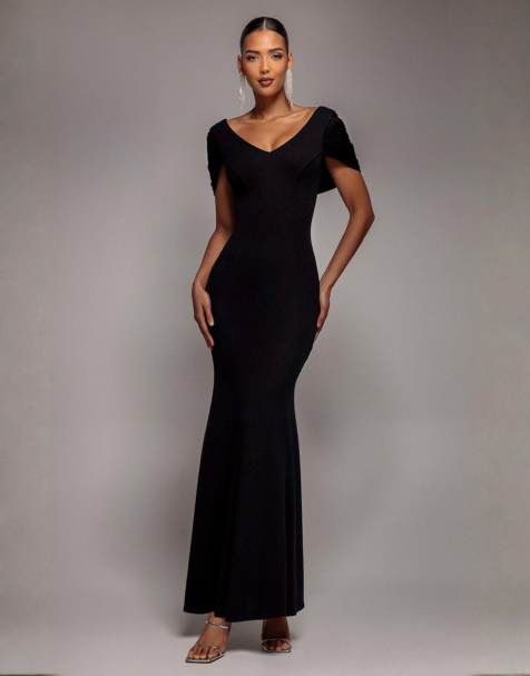 Goddiva V neck cowl back pleated sleeve sculpting stretch jersey maxi dress in black - view 1