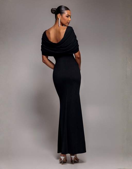 Goddiva V neck cowl back pleated sleeve sculpting stretch jersey maxi dress in black, 2 of 4