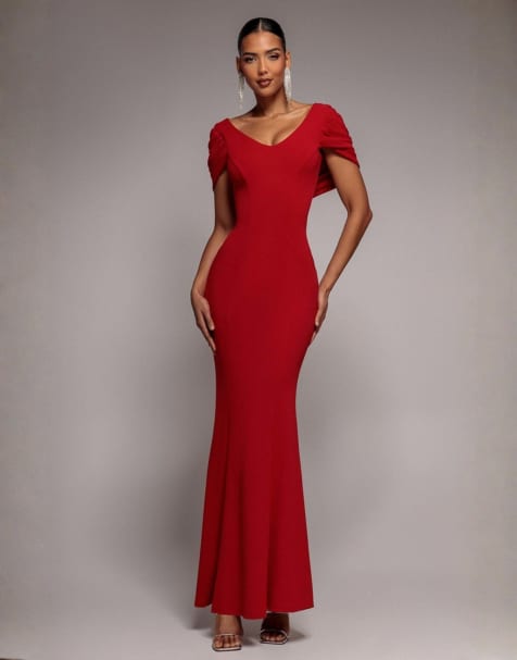 Goddiva V neck cowl back pleated sleeve sculpting stretch jersey maxi dress in red - view 1