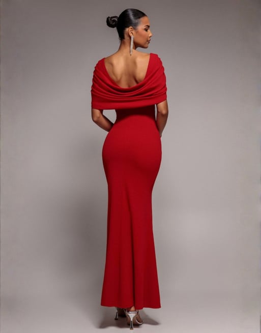 Goddiva V neck cowl back pleated sleeve sculpting stretch jersey maxi dress in red, 2 of 4