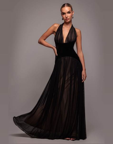 Goddiva Velvet and dobby mesh a line halter maxi dress in black