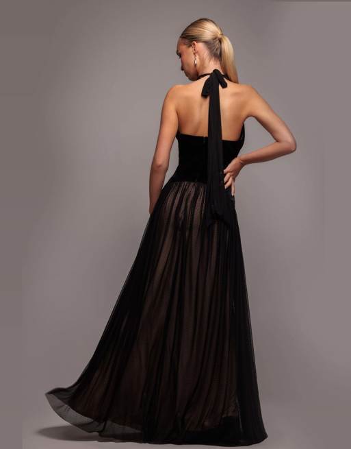Goddiva Velvet and dobby mesh a line halter maxi dress in black | ASOS