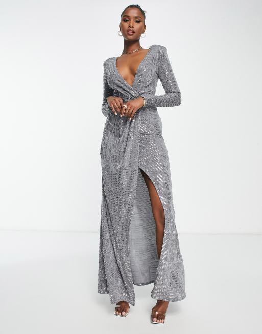 Goddiva - Vestito lungo a portafoglio argento con paillettes e maniche lunghe