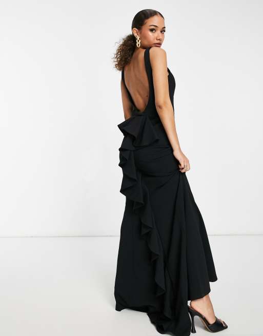 Goddiva - Vestito lungo allacciato al collo con fondo a coda di rondine nero
