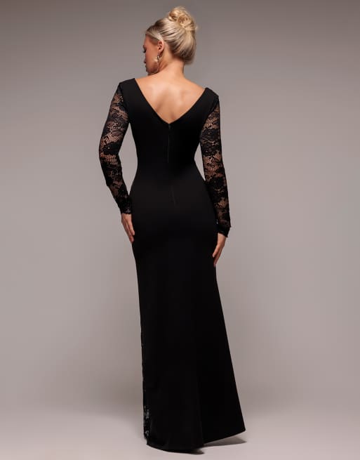Goddiva - Vestito lungo avvolgente in pizzo e tessuto effetto scuba nero, 3 di 4