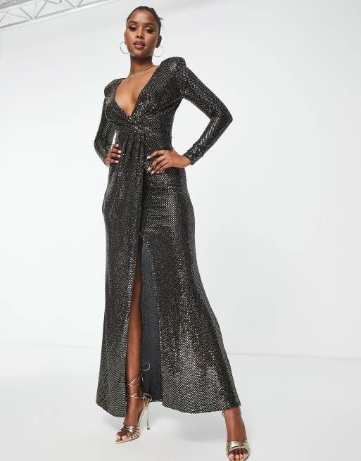 Goddiva - Vestito lungo avvolgente per il ballo di fine anno a maniche lunghe con paillettes color oro