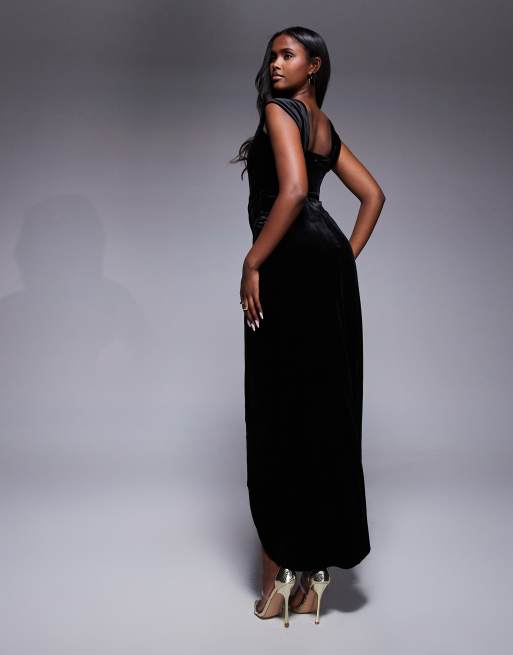 Goddiva - Vestito lungo con corsetto e drappeggio sulle spalle in velluto nero, 3 di 4