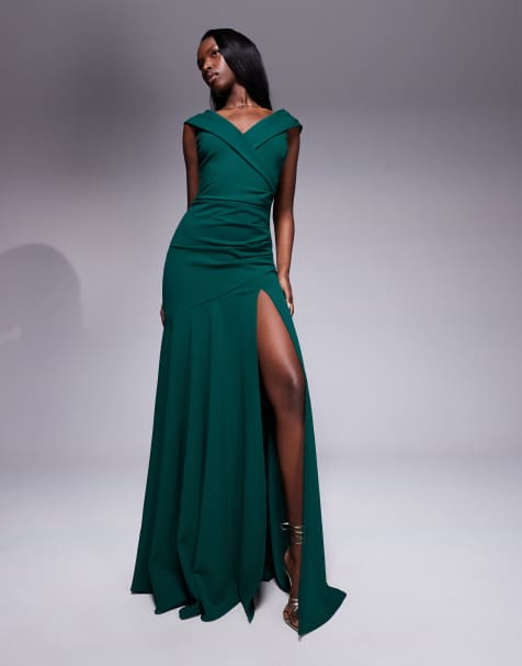 Goddiva - Vestito lungo in scuba crêpe verde smeraldo con spalle scoperte e spacco anteriore - view 1