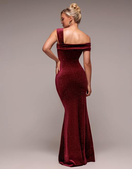 Goddiva - Vestito lungo monospalla color vinaccia in velluto glitterato a pois, 2 di 2