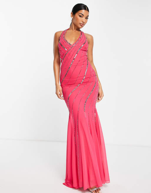 Goddiva - Vestito lungo rosa con scollo profondo e ricami