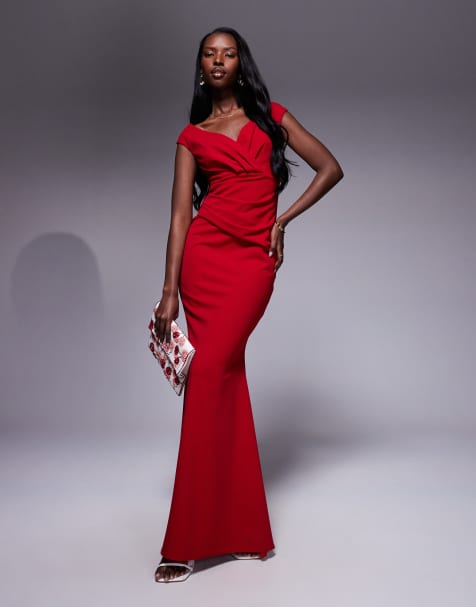 Goddiva - Vestito lungo rosso a pieghe con scollo alla Bardot - view 1