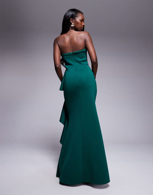Goddiva - Vestito lungo senza spalline verde smeraldo con peplo e volant a cascata, 4 di 4