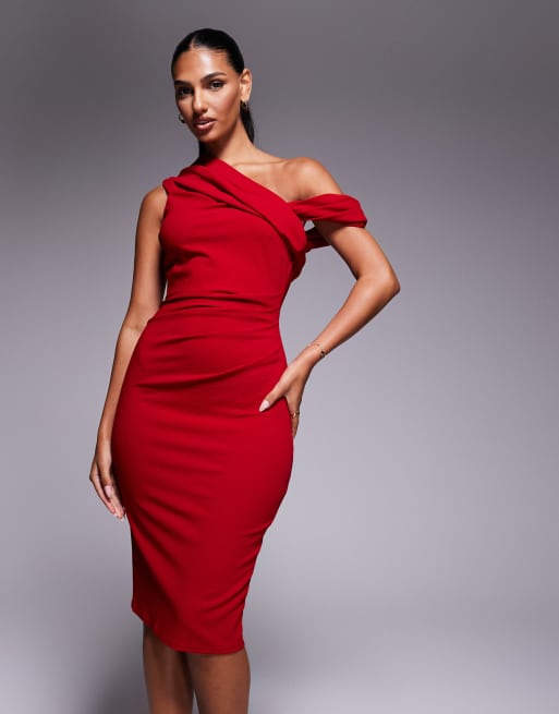 Goddiva - Vestito midi rosso in crêpe effetto scuba con spalla scivolata e pieghe, 2 di 4