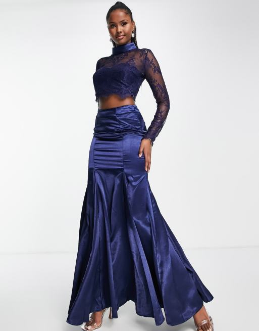 Goddiva - Vestito per il ballo di fine anno in due pezzi in pizzo e raso con fondo a coda di rondine blu navy