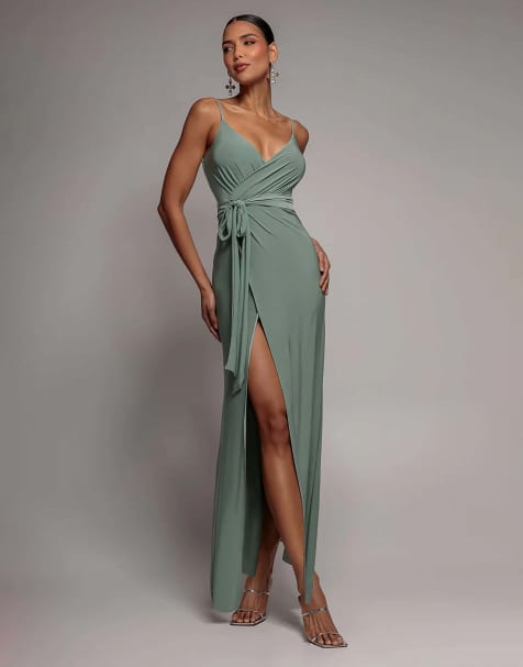 Goddiva Wrap front maxi slip dress with waist tie in darksage - view 1