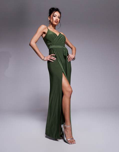 Goddiva Wrap front maxi slip dress with waist tie in olive