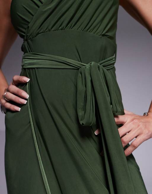 Goddiva Wrap front maxi slip dress with waist tie in olive, 3 of 4