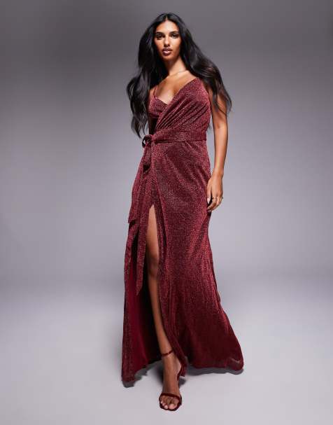 Goddiva Wrap style spaghetti strap maxi with split in red - view 1