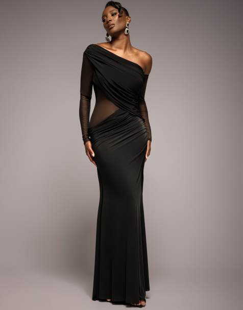Goddiva - Zachte maxi-jurk met gedrapeerde asymmetrische halslijn en gerimpelde details in zwart - view 1