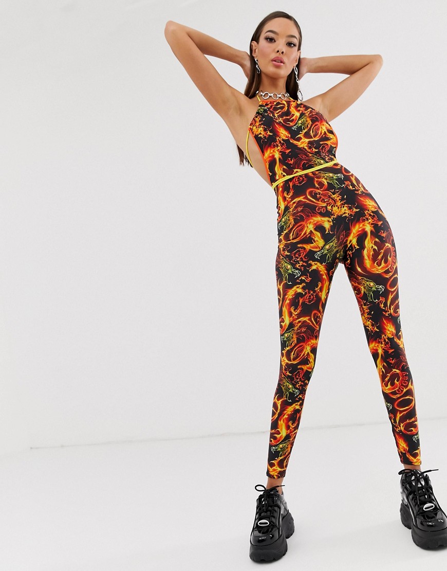 GOGUY festival catsuit with tie strap back in flame print-Black