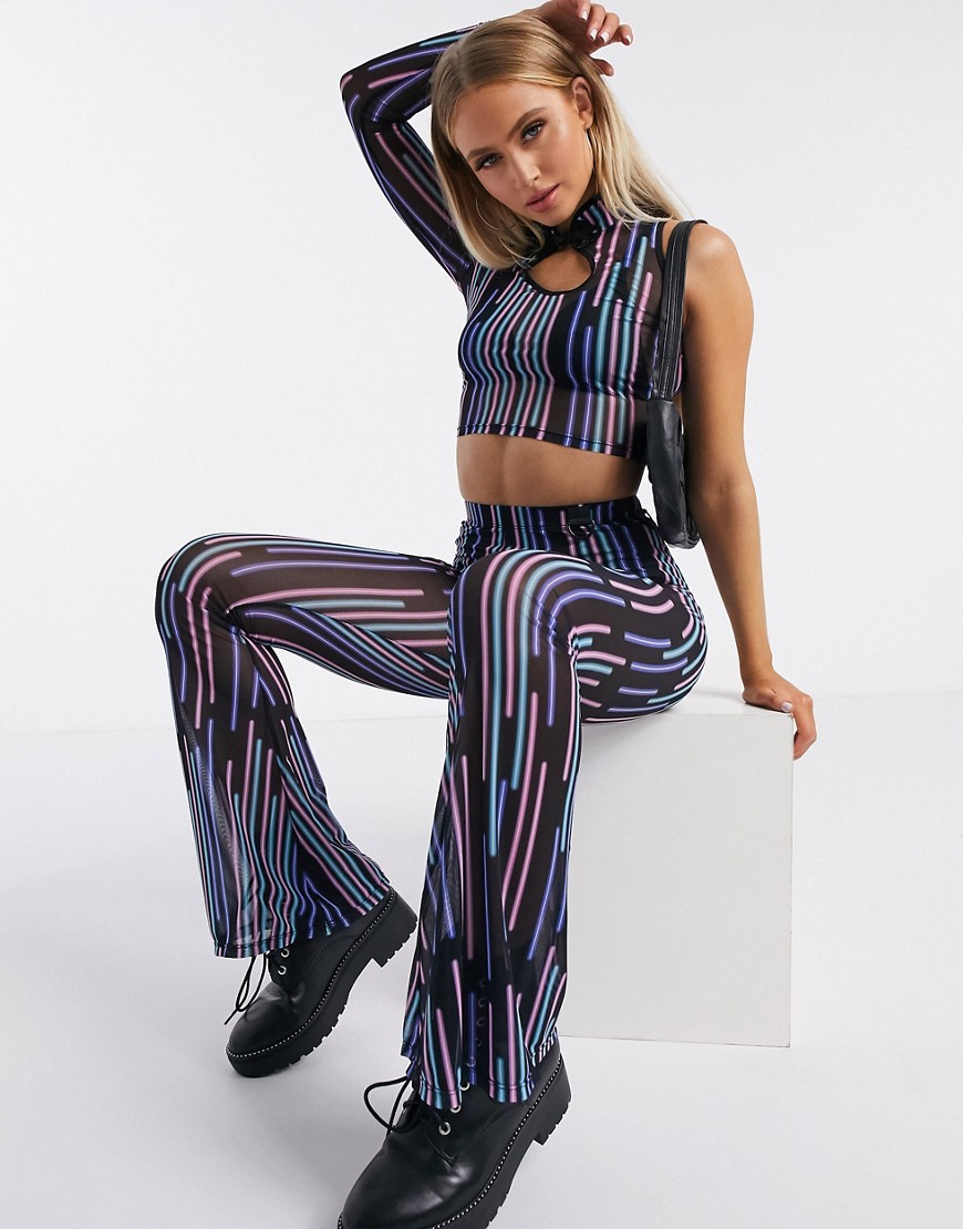 GOGUY high waist flares in neon dash print co-ord-Black