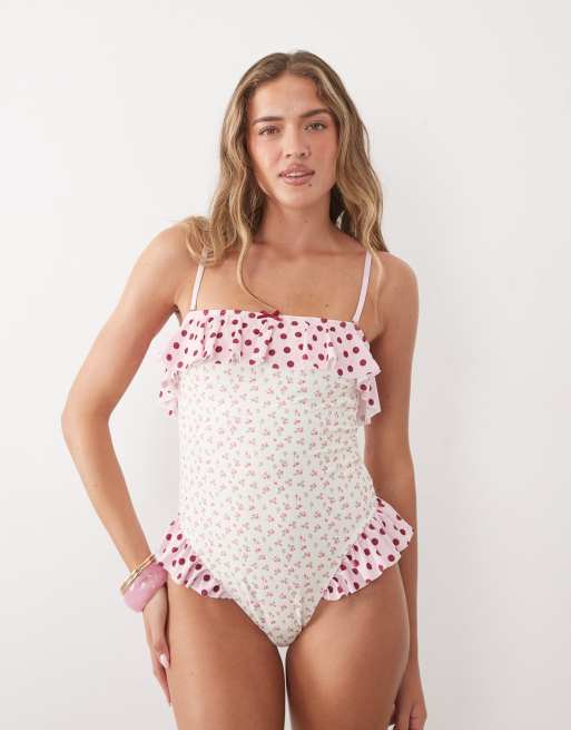 Going Somewhere ditsy floral print bandeau swimsuit with contrast frill in cream, 2 of 5